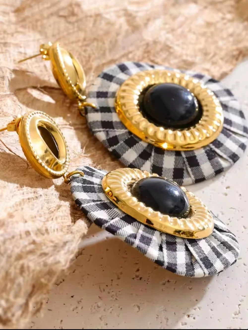 Parisian Chic Gingham Black Gold Earrings